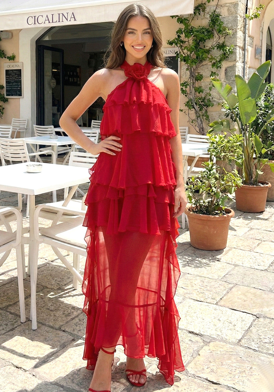 Halter Floral Ruffle Maxi Dress Red
