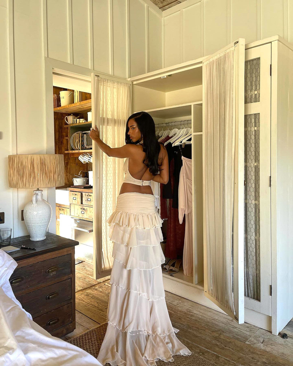 Halter Draped Ruffle Two Piece Maxi Dress Ivory
