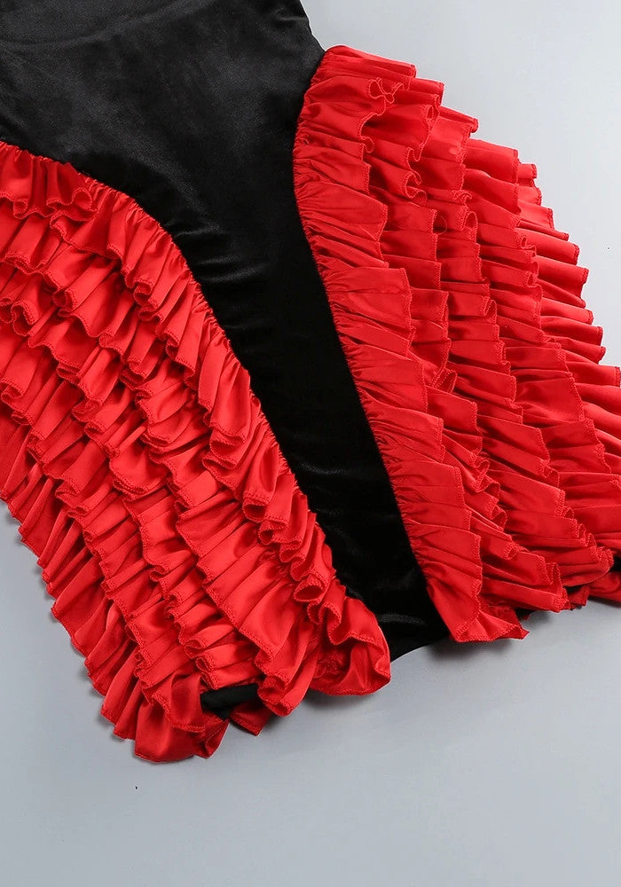 Halter Ruffle Velvet Midi Dress Black Red