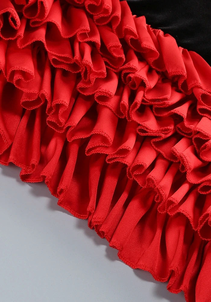 Halter Ruffle Velvet Midi Dress Black Red