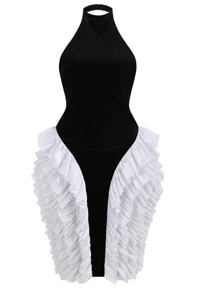Halter Ruffle Velvet Midi Dress Black White