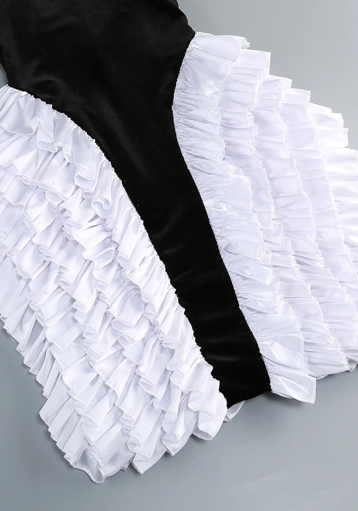 Halter Ruffle Velvet Midi Dress Black White