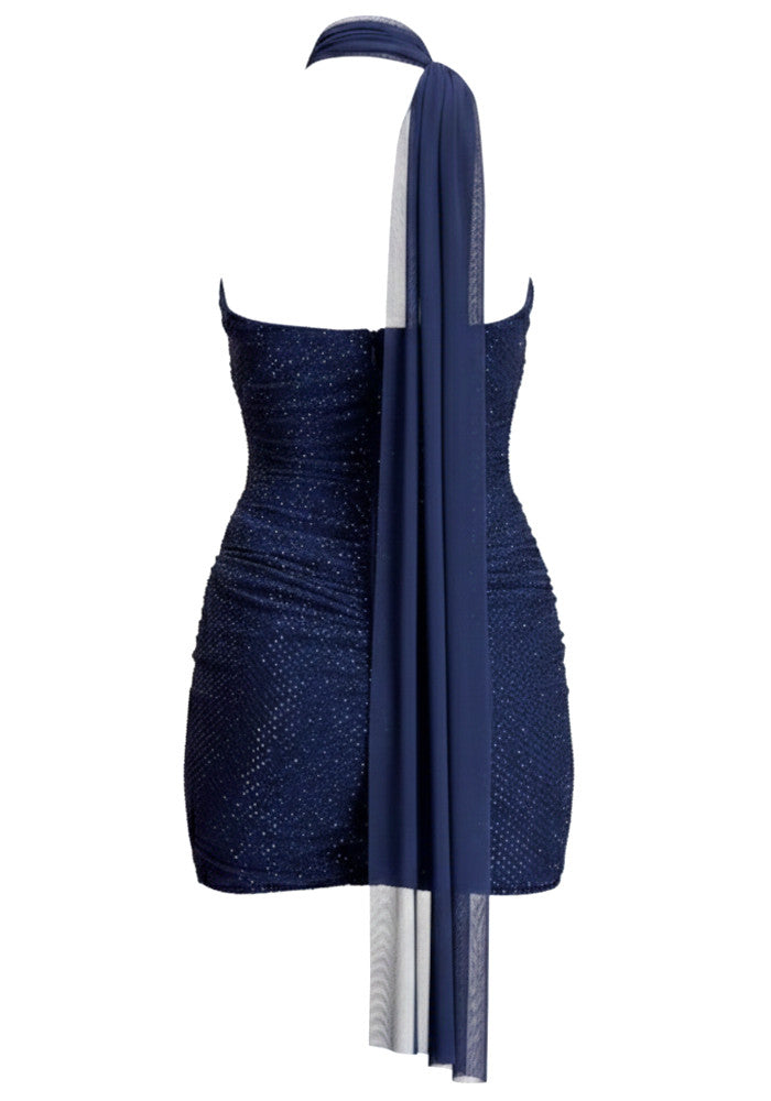 Halter Scarf Draped Sparkly Dress Blue