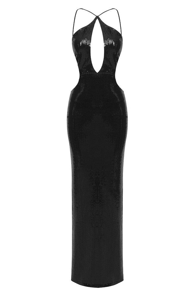 Halter Backless Sequin Maxi Dress Black
