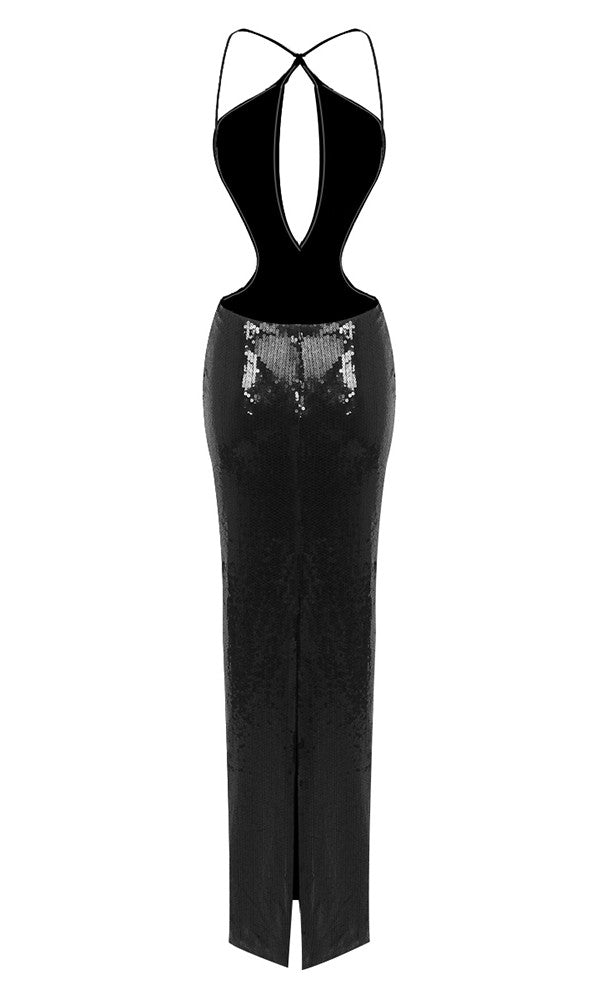 Halter Backless Sequin Maxi Dress Black