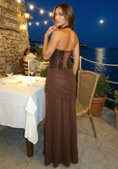 Halter Sequin Corset Maxi Dress Brown