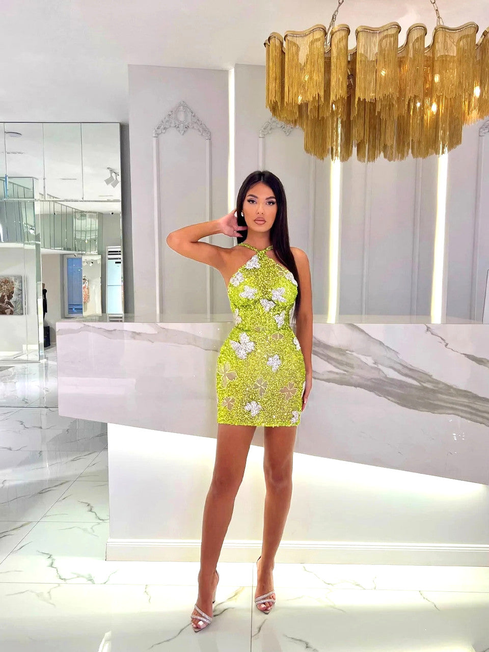 Halter Sequin Butterflies Dress Green