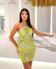Halter Sequin Butterflies Dress Green