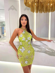 Halter Sequin Butterflies Dress Green