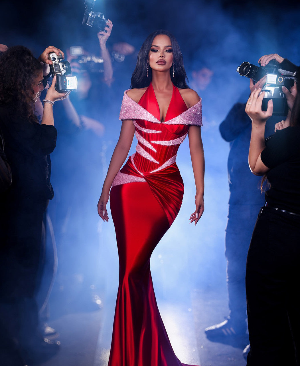 Halter Sequin Corset Maxi Velvet Dress Red