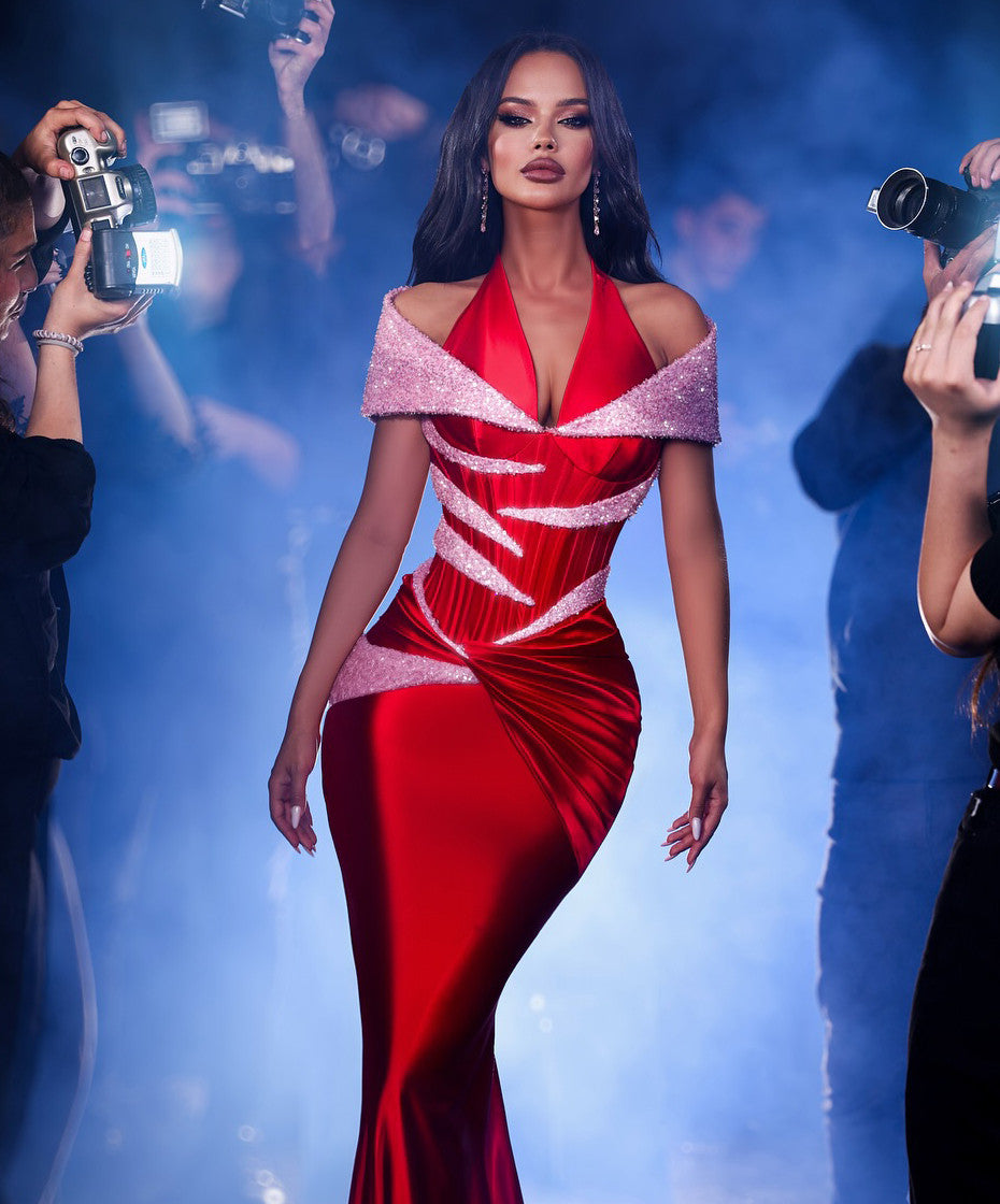 Halter Sequin Corset Maxi Velvet Dress Red