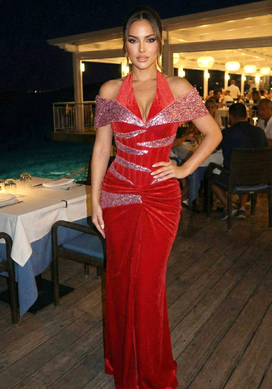 Halter Sequin Corset Maxi Velvet Dress Red