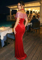 Halter Sequin Corset Maxi Velvet Dress Red