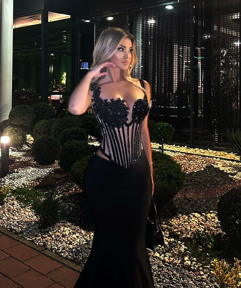 Halter Sequin Floral Corset Maxi Velvet Dress Black