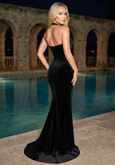 Halter Sequin Floral Corset Maxi Velvet Dress Black