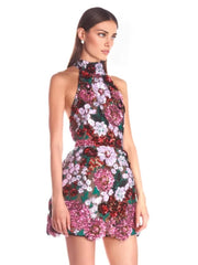 Halter Sequin Floral Dress Hot Pink Green
