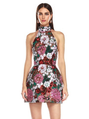 Halter Sequin Floral Dress Hot Pink Green