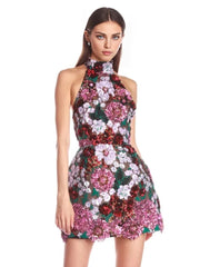 Halter Sequin Floral Dress Hot Pink Green
