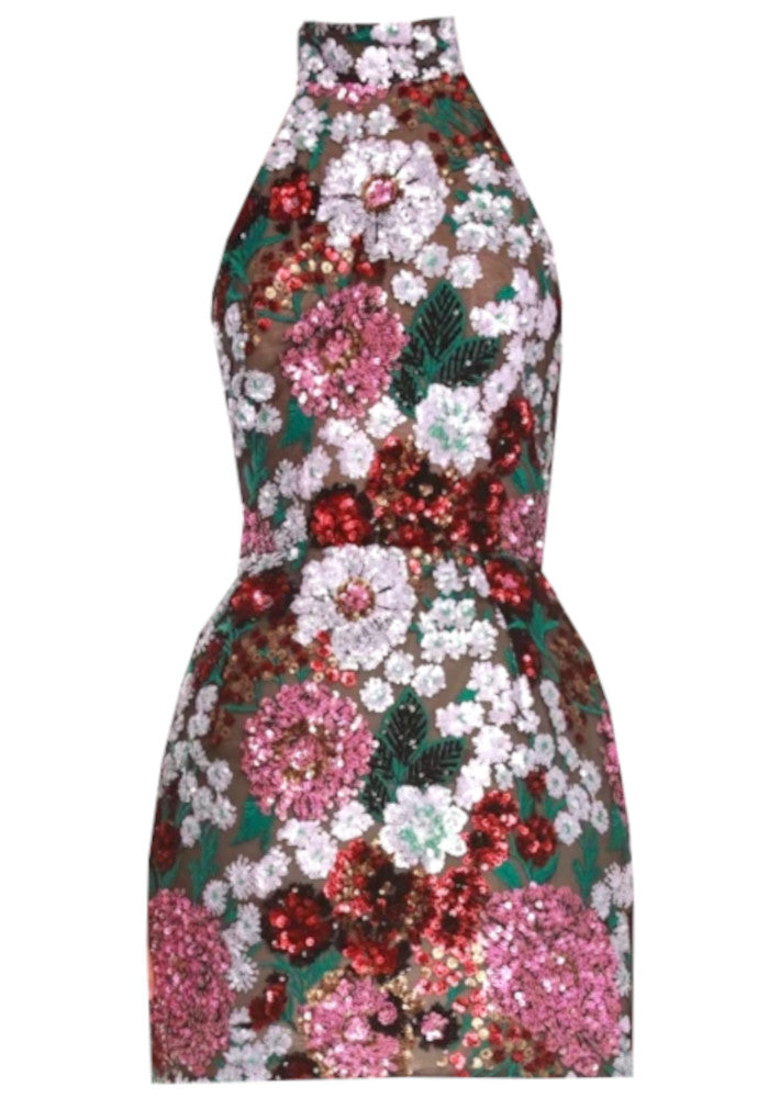 Halter Sequin Floral Dress Hot Pink Green
