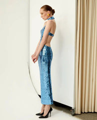 Halter Sequin Backless Maxi Dress Blue