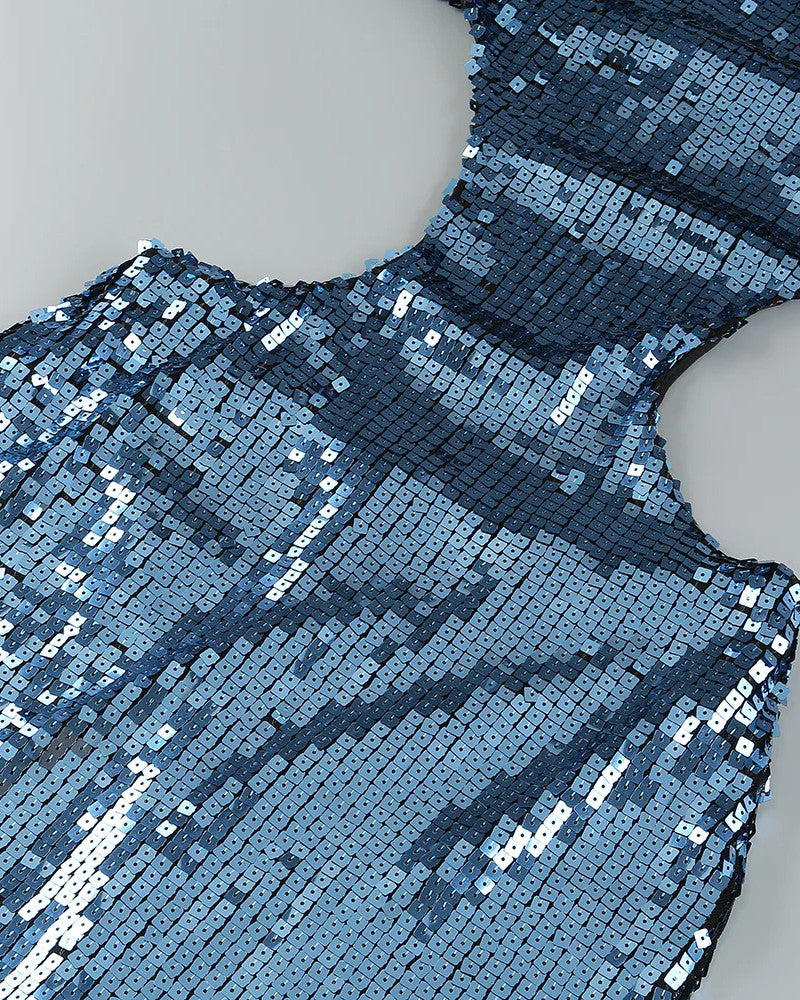 Halter Sequin Backless Maxi Dress Blue