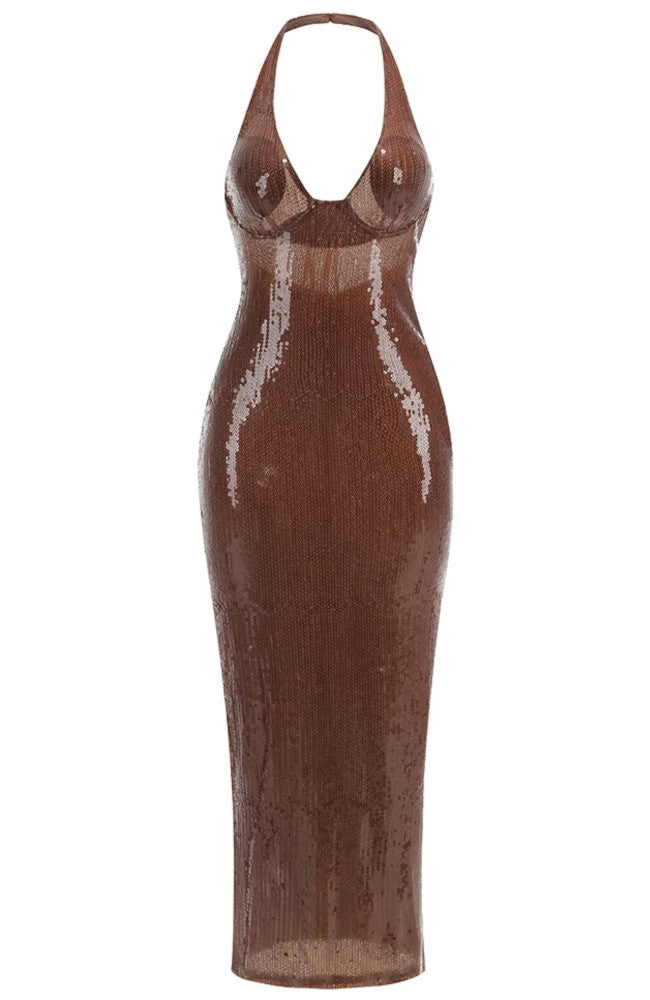Halter Sequin Maxi Dress Brown