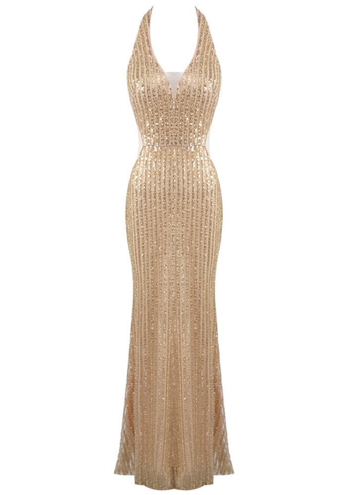 Halter Sequin Maxi Dress Gold