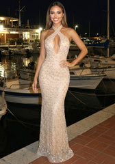Halter Sequin Maxi Dress Nude