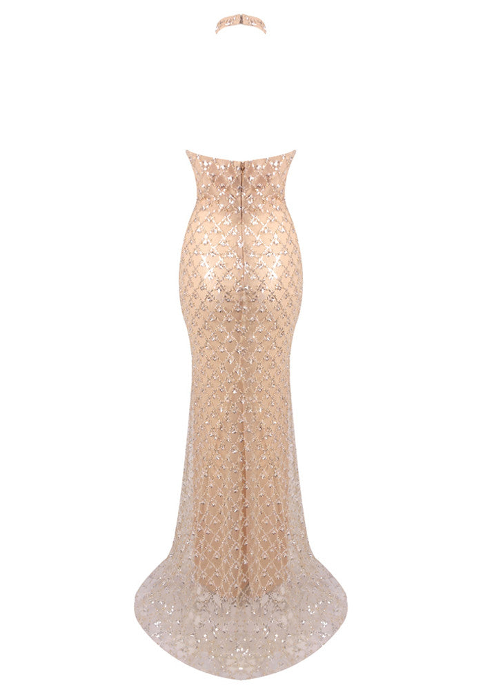 Halter Sequin Maxi Dress Nude