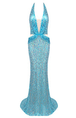 Halter Sequin Maxi Dress Turquoise