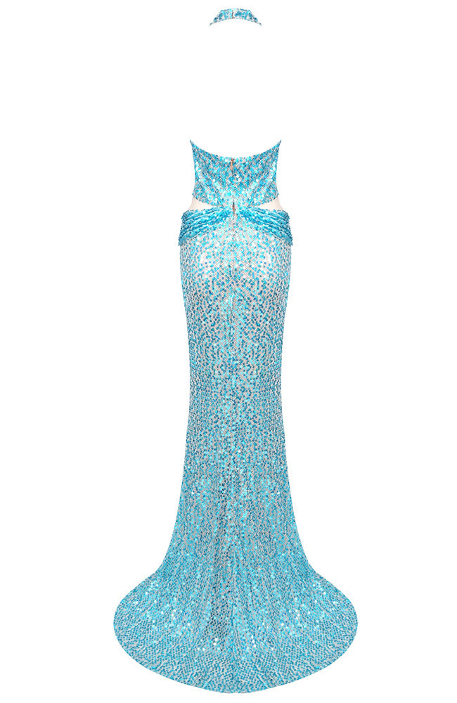 Halter Sequin Maxi Dress Turquoise