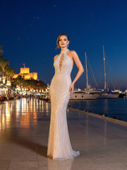 Halter Pearl Sequin Maxi Dress White Nude