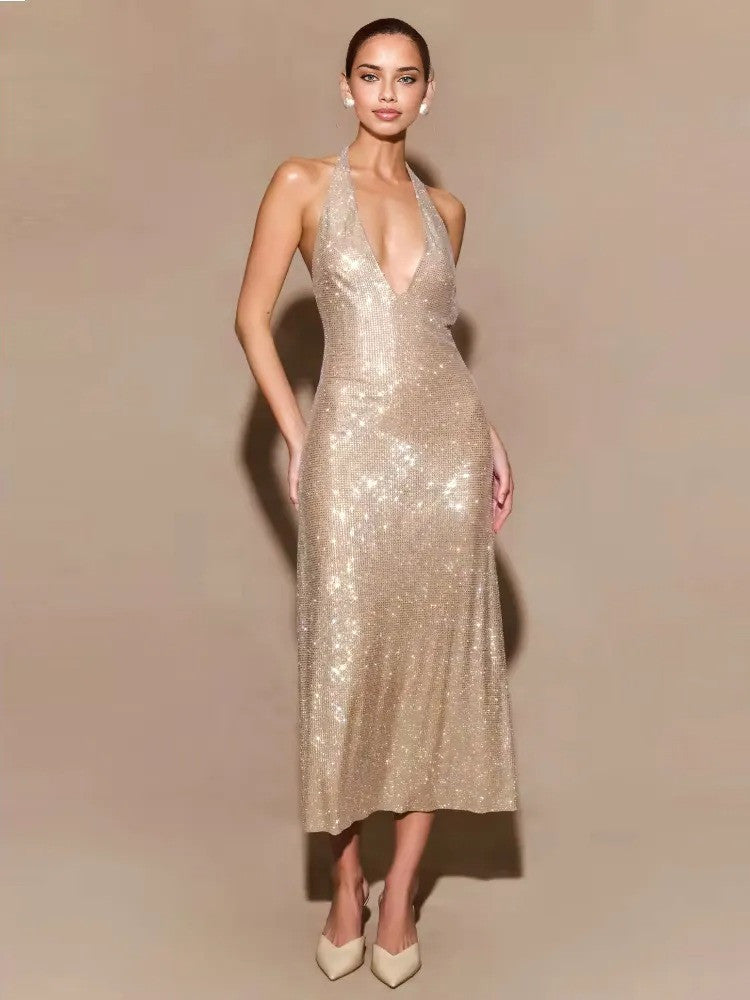 Halter Sparkly A Line Midi Dress Nude