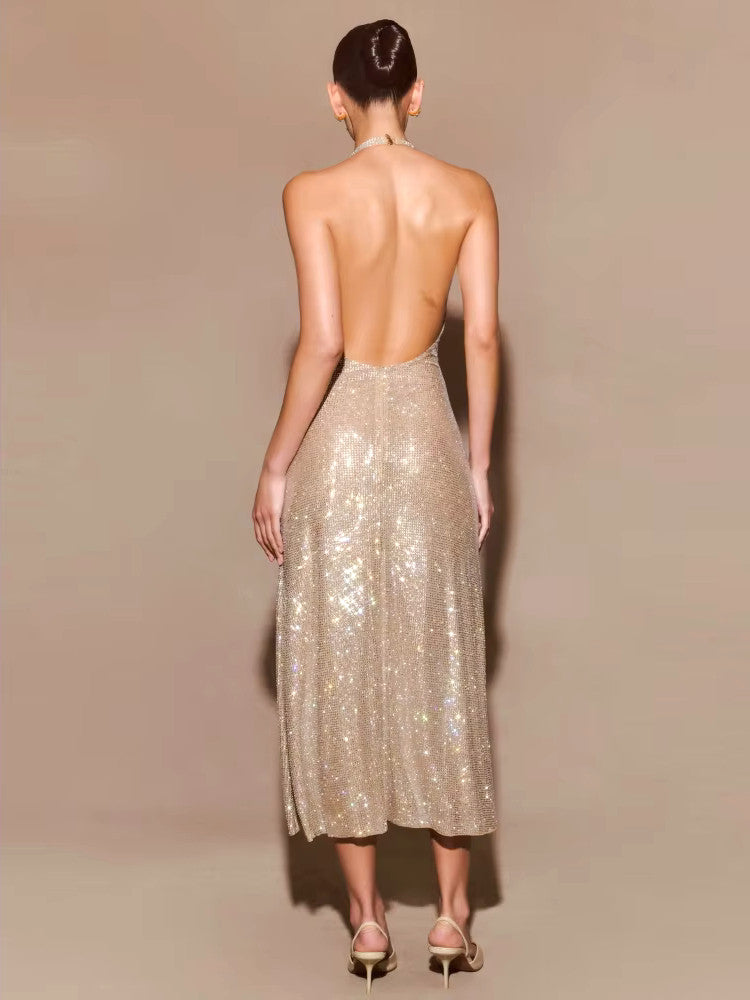 Halter Sparkly A Line Midi Dress Nude