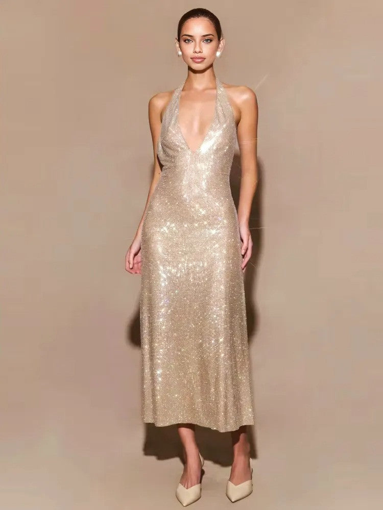 Halter Sparkly A Line Midi Dress Nude