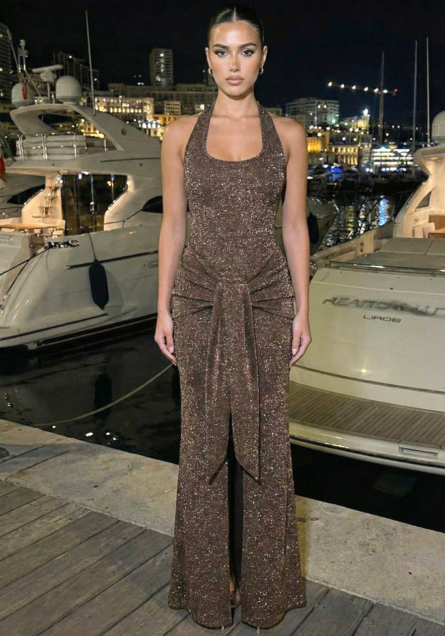 Halter Sparkly Maxi Dress Brown