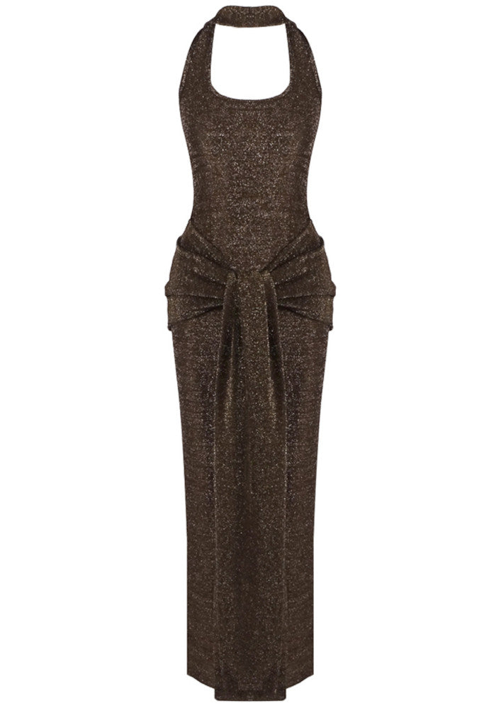 Halter Sparkly Maxi Dress Brown