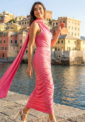 Halter Sparkly Ruched Maxi Two Piece Dress Hot Pink