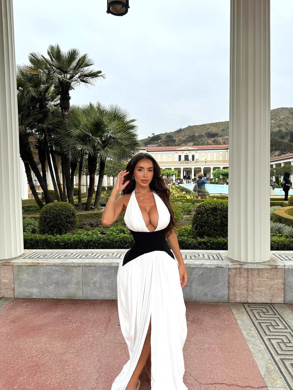 Halter Structured Draped Maxi Dress Black White