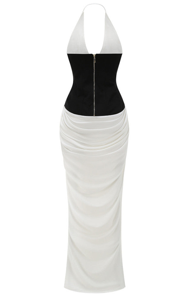 Halter Structured Draped Maxi Dress Black White