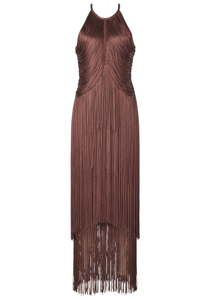 Halter Tassel Maxi Dress Brown