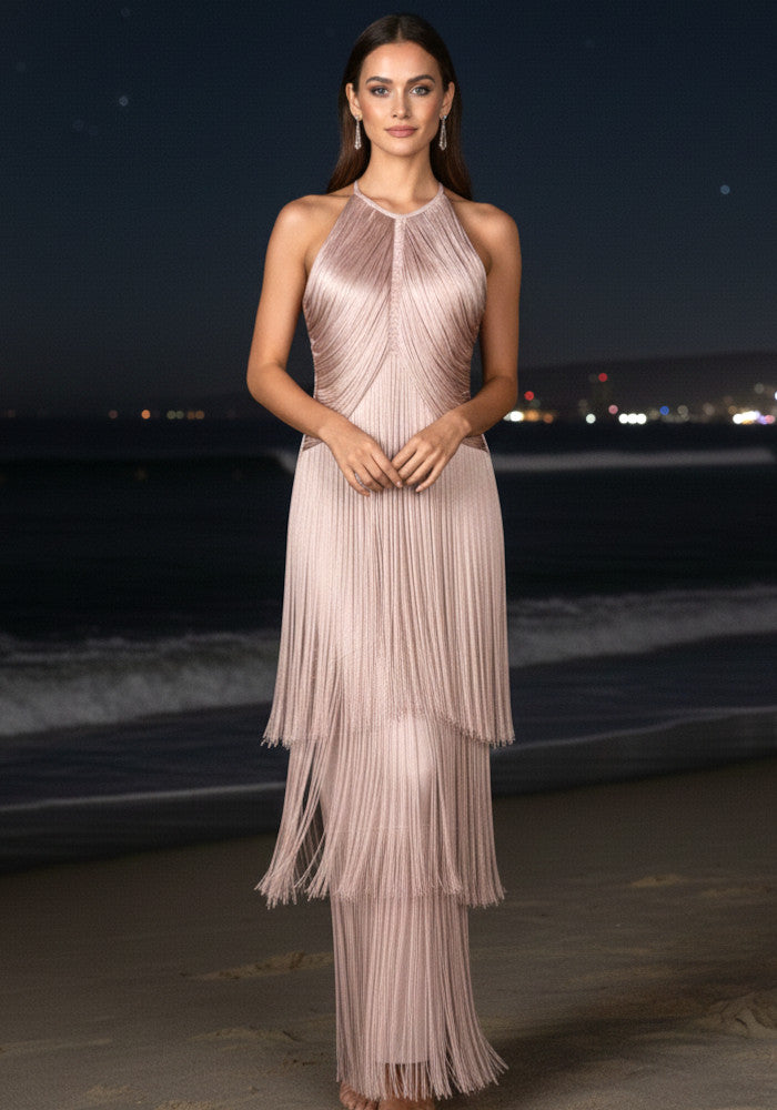 Halter Tassel Maxi Dress Nude Pink
