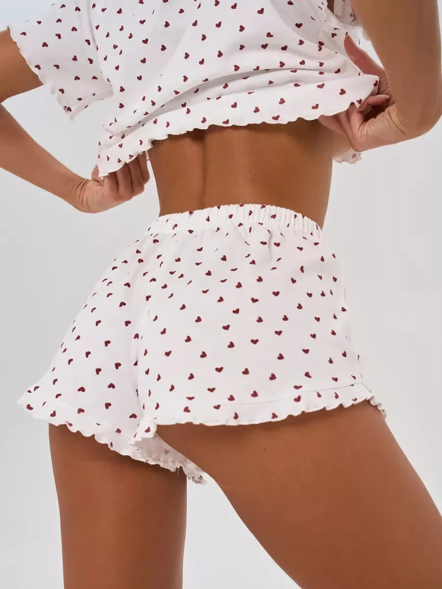 Heart Print Casual Round Neck Short Sleeve Shorts Two-piece Set Pajamas Set Summer Sleepwear Home Wear