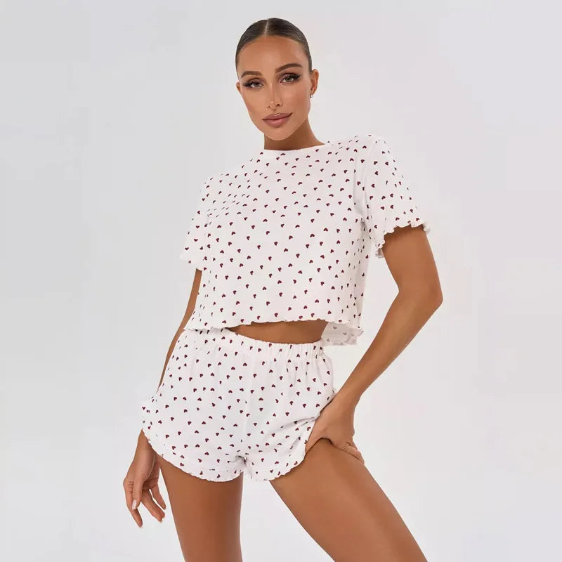 Heart Print Casual Round Neck Short Sleeve Shorts Two-piece Set Pajamas Set Summer Sleepwear Home Wear