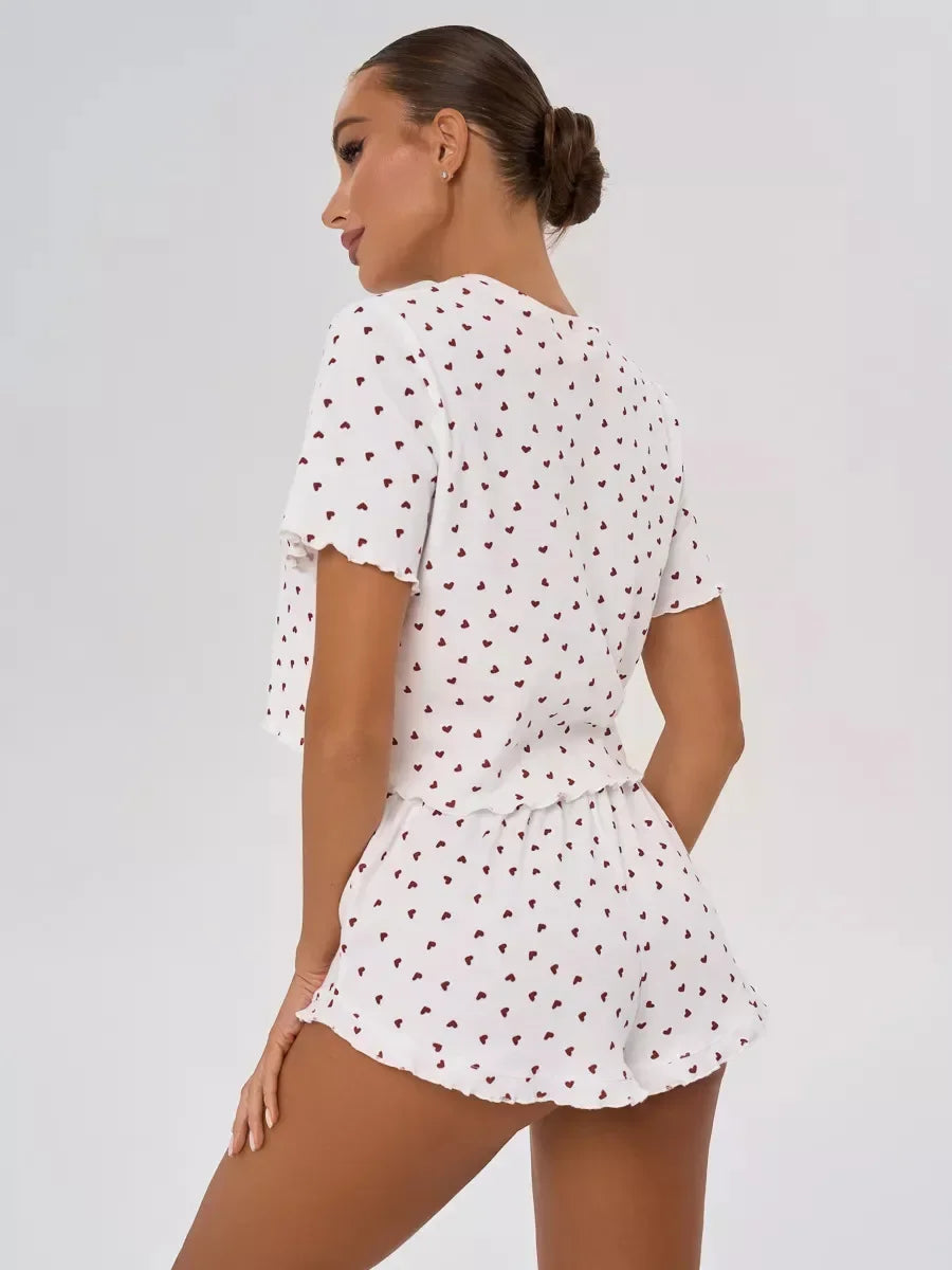 Heart Print Casual Round Neck Short Sleeve Shorts Two-piece Set Pajamas Set Summer Sleepwear Home Wear