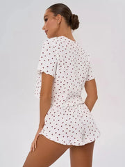 Heart Print Casual Round Neck Short Sleeve Shorts Two-piece Set Pajamas Set Summer Sleepwear Home Wear
