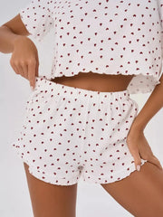 Heart Print Casual Round Neck Short Sleeve Shorts Two-piece Set Pajamas Set Summer Sleepwear Home Wear