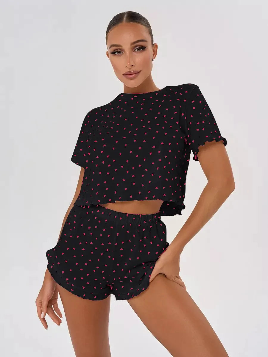 Heart Print Casual Round Neck Short Sleeve Shorts Two-piece Set Pajamas Set Summer Sleepwear Home Wear
