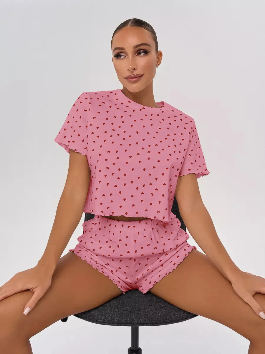 Heart Print Casual Round Neck Short Sleeve Shorts Two-piece Set Pajamas Set Summer Sleepwear Home Wear