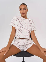 Heart Print Casual Round Neck Short Sleeve Shorts Two-piece Set Pajamas Set Summer Sleepwear Home Wear